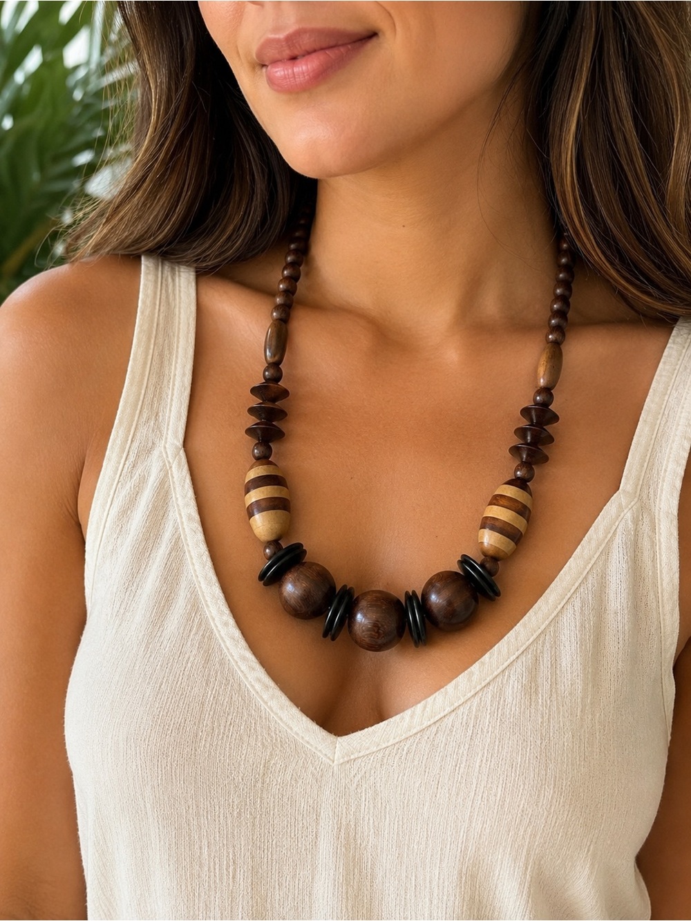 Boho Wooden Statement Bead Necklace Brown Neutral Tribal Artisan